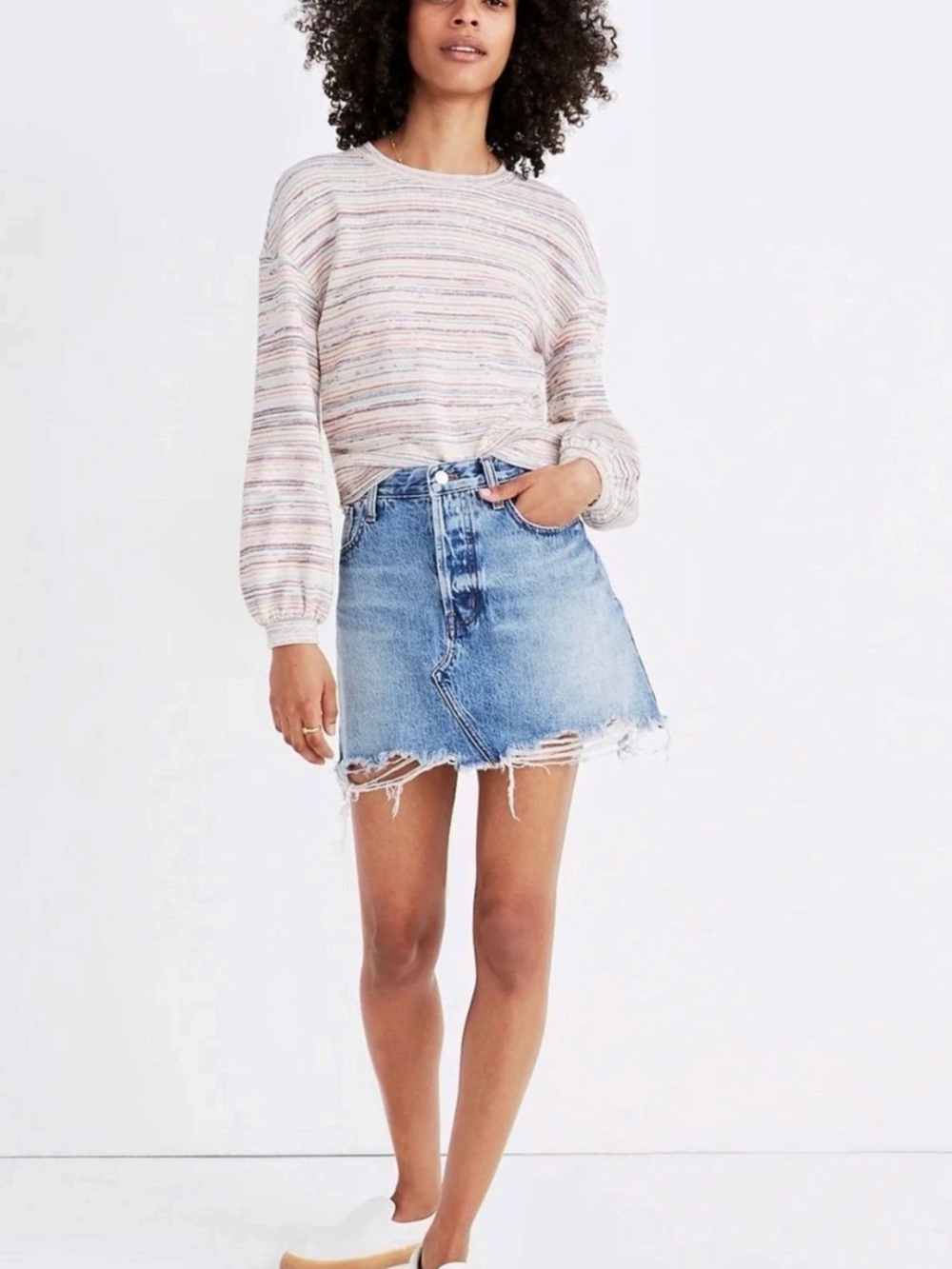 Madewell Striped Bubble Sleeve Pullover Top in rainbow stripe, sz L great uc